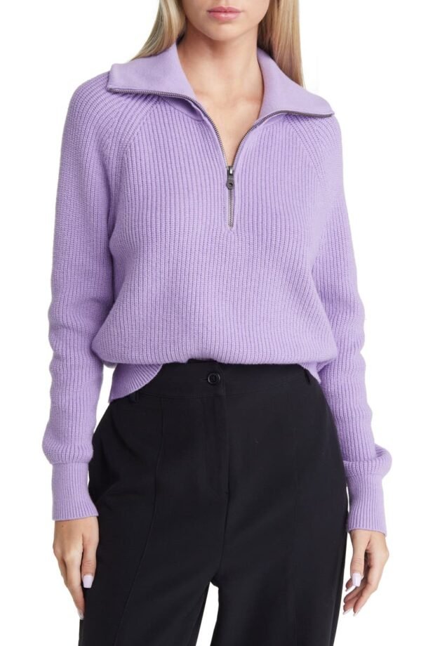 Open Edit - Half Zip Cotton Blend Rib Sweater - Image 7
