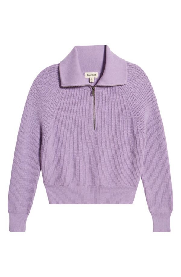 Open Edit - Half Zip Cotton Blend Rib Sweater - Image 11