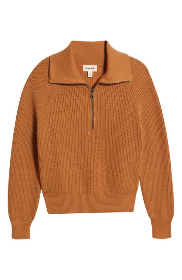 Open Edit - Half Zip Cotton Blend Rib Sweater - Image 6