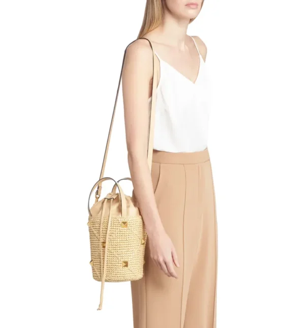 VALENTINO GARAVANI - Roman Stud Woven Raffia & Leather Bucket Bag - Image 5