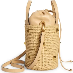 VALENTINO GARAVANI – Roman Stud Woven Raffia & Leather Bucket Bag