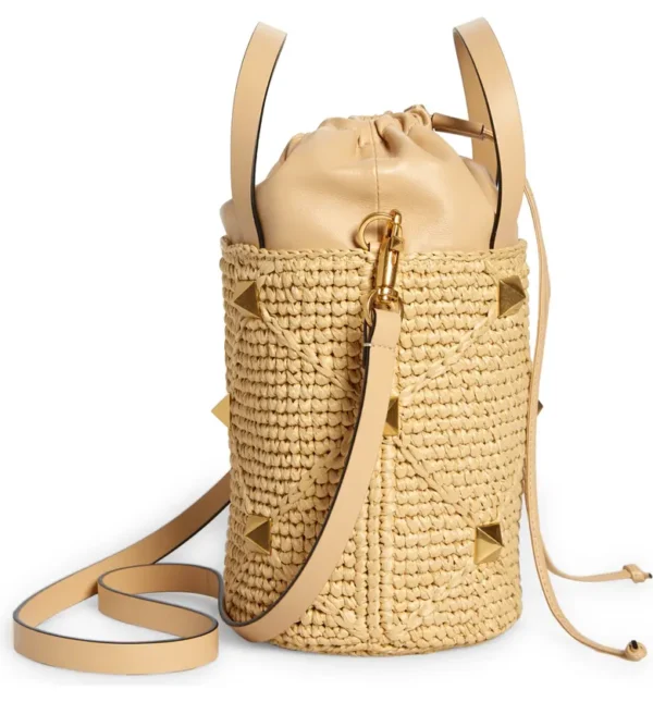 VALENTINO GARAVANI - Roman Stud Woven Raffia & Leather Bucket Bag - Image 2