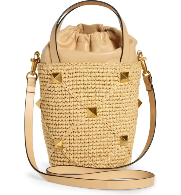 VALENTINO GARAVANI - Roman Stud Woven Raffia & Leather Bucket Bag - Image 3