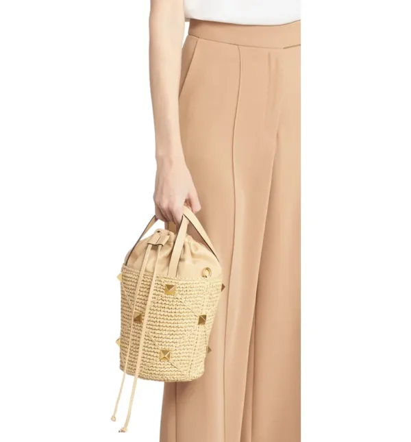 VALENTINO GARAVANI - Roman Stud Woven Raffia & Leather Bucket Bag - Image 7