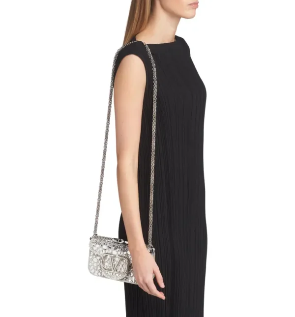 VALENTINO GARAVANI - Small VLOGO Crystal Embellished Leather Shoulder Bag - Image 7