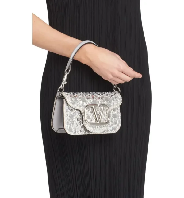 VALENTINO GARAVANI - Small VLOGO Crystal Embellished Leather Shoulder Bag - Image 8