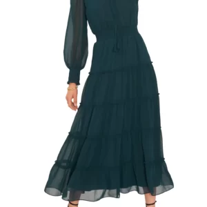 1.STATE - Tie Neck Long Sleeve Tiered Maxi Dress