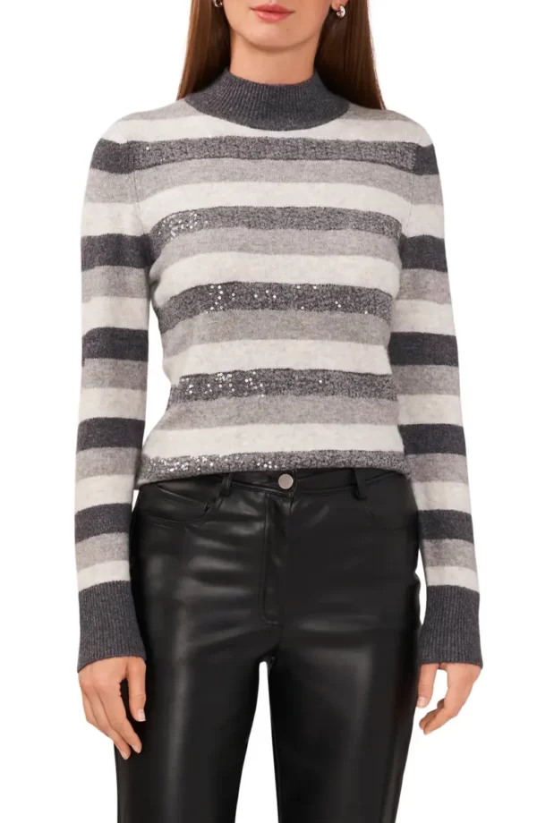 Halogen® - Sequin Stripe Mock Neck Sweater