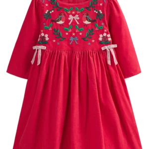Mini Boden - Kids' Holiday Embroidered Long Sleeve Cotton Corduroy Dress