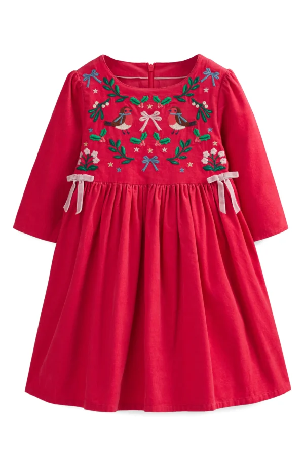Mini Boden - Kids' Holiday Embroidered Long Sleeve Cotton Corduroy Dress